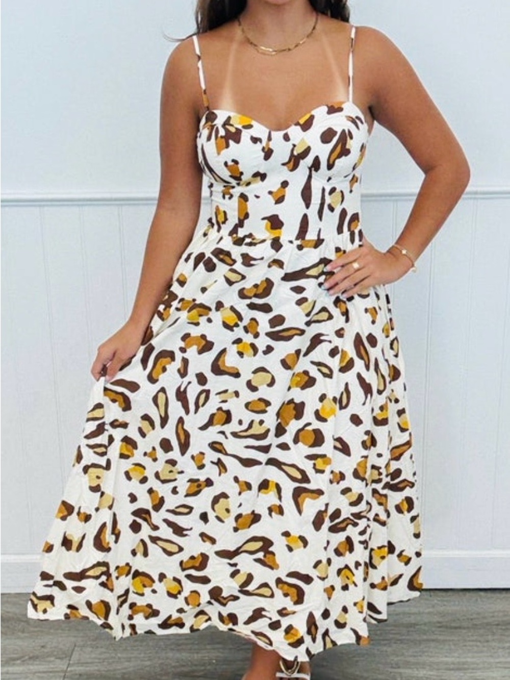Flying Tomato White Leopard-Print Midi Dress with Brown and Mustard Spots